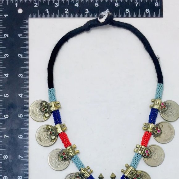 Vintage Coins Necklace With Dangling Pendant,Tribal Beaded Pendant Necklace - Picture 8 of 9